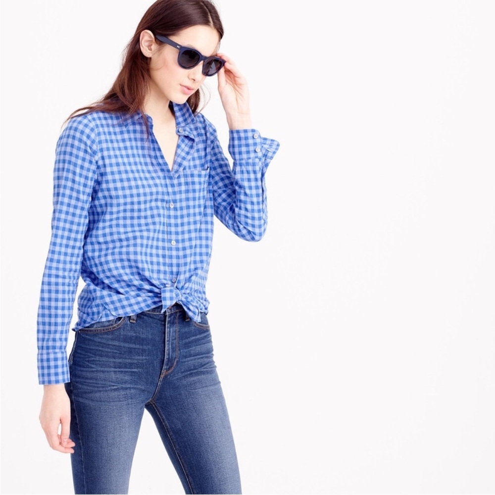 J. Crew Crinkle Gingham Boy Shirt Blue Plaid Long Sleeve Button Up, size 00